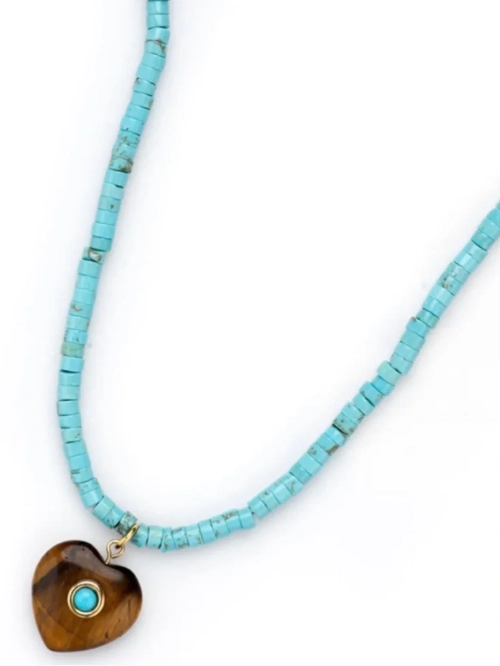 Turquoise Beaded Necklace with Tiger Eye Heart Pendant | 24K Gold Plated - Picture 3 of 6